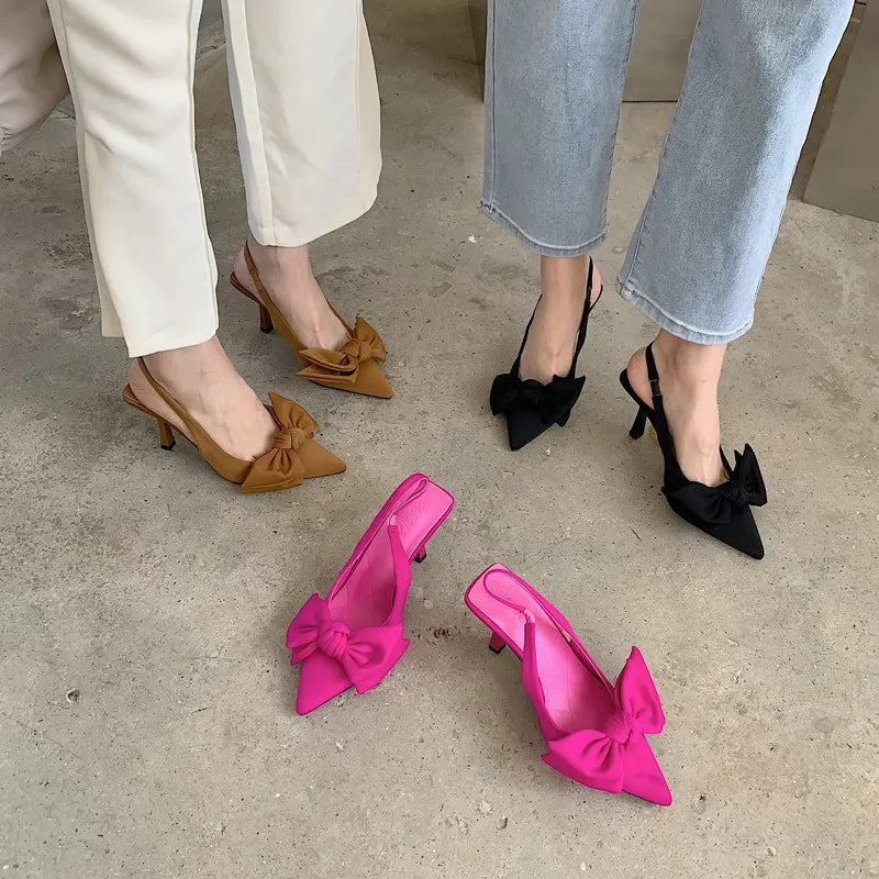 2024 Summer Brand Women Slingback Sandals Heeled Shoes Fashion Bow-knot Pointed Toe Slip on Ladies Elegant Dress Pumps Shoes