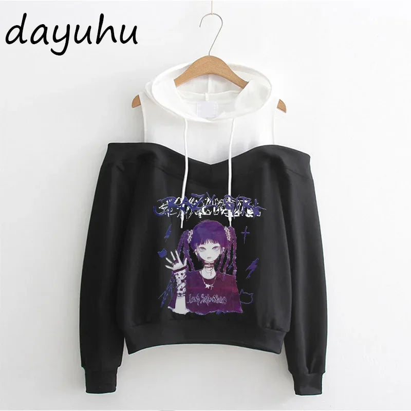 Goth Anime Hoodie Aesthetic Sweatshirt Gothic Punk Grunge Streetwear