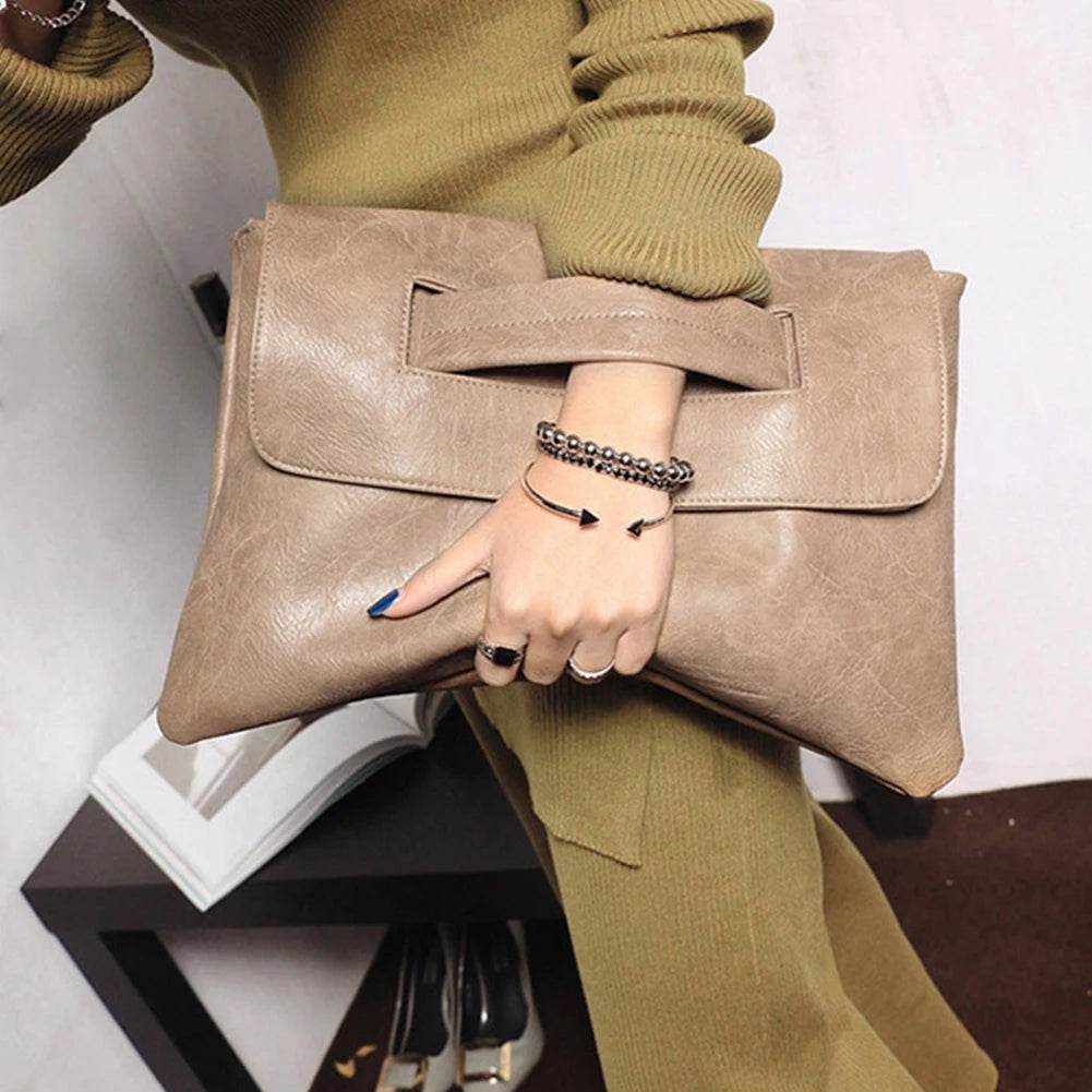 Vintage Ladies PU Leather Wristlet Women Solid Color Envelope Clutches High Capacity Handbag&Purse 2023 Fashion Large Clutch Bag - Imbasat