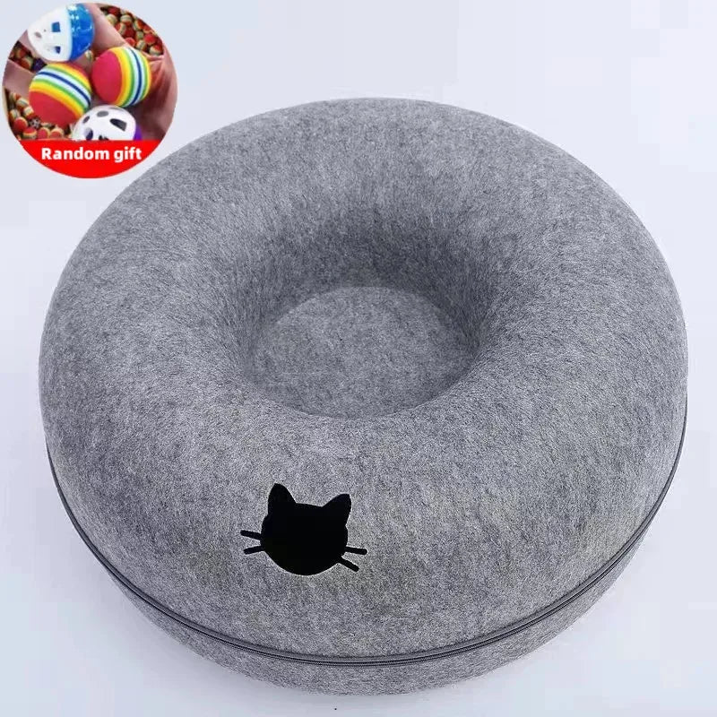 Cat Tunnel Bed for Indoor Cats Scratch Resistant Donut Cat Bed Cave Indoor Cat Hideout Detachable Round Felt & Washable