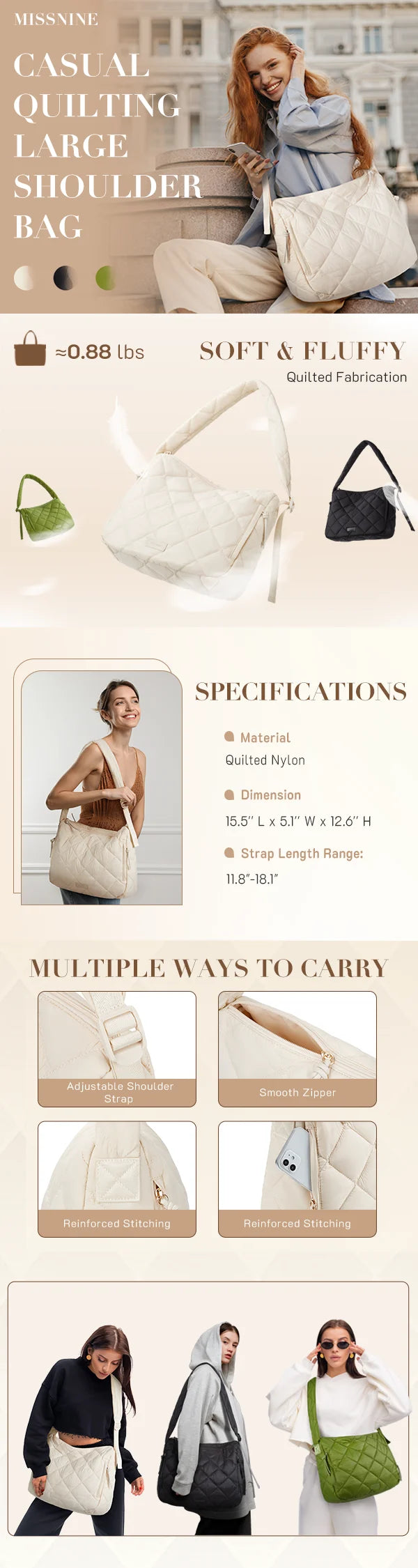 BAGSMART Missnine Quilted Puffer Bag for Women