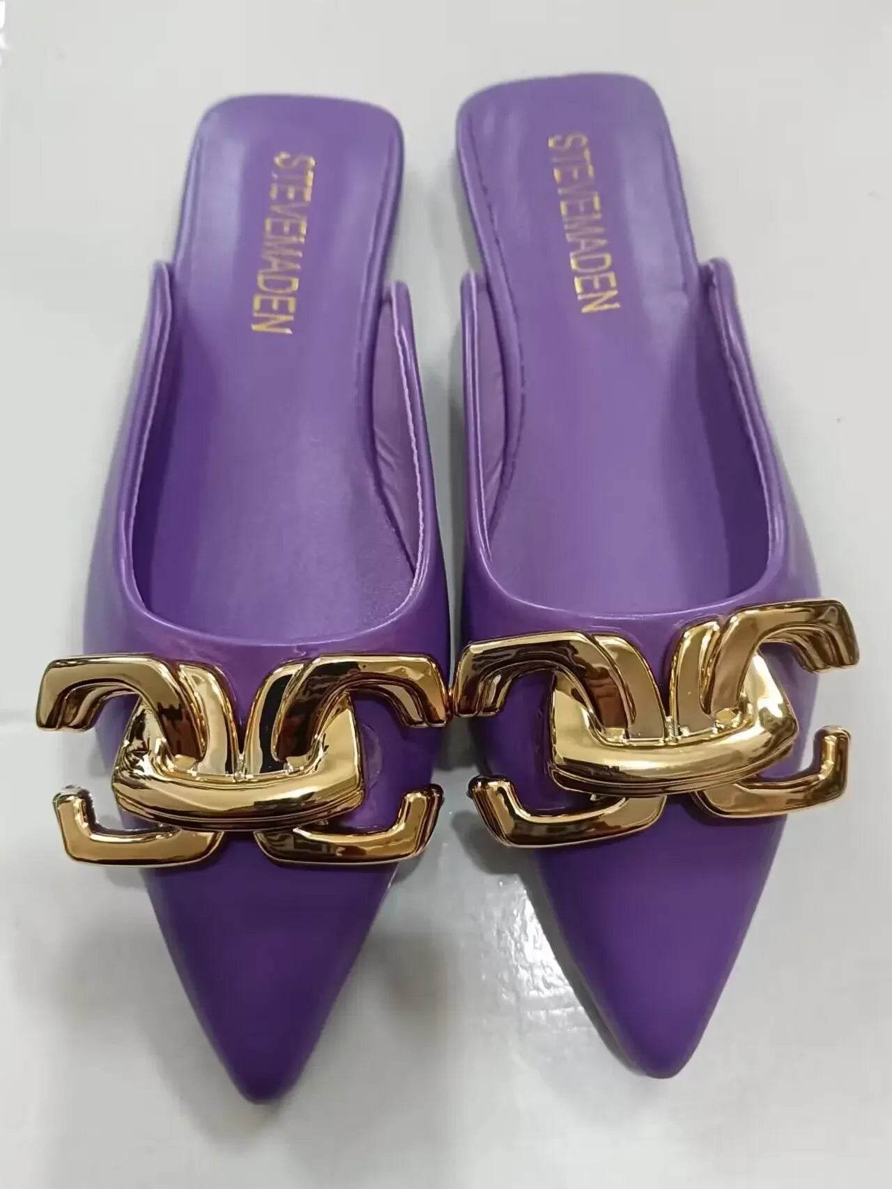 2024 New Summer Women Sandals Shoes Fashion Metal Chain Flats Pointed Toe Women's Slippers Ladies Casual Shoes Outside Slides - Imbasat