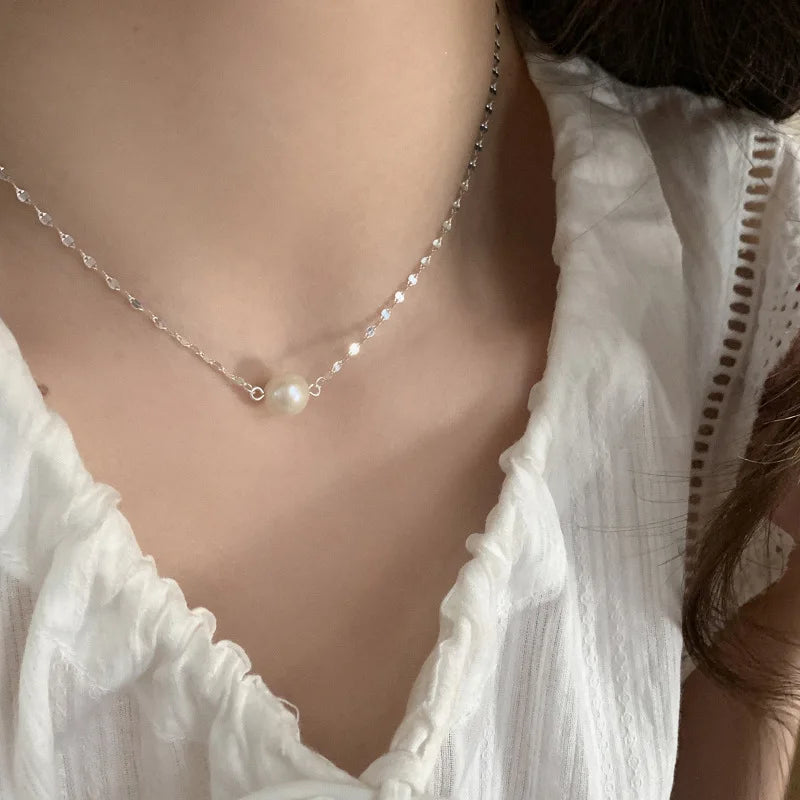925 Silver Pearl Simple Elegant Thin Chain Pendant Necklace
