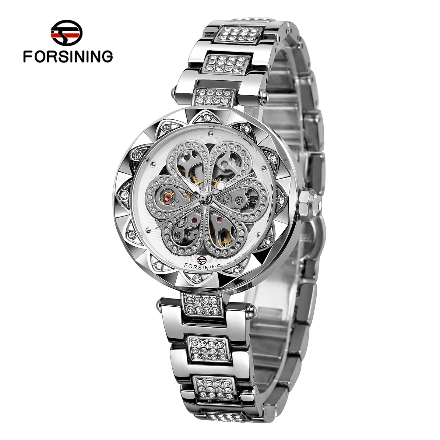 Forsining Skeleton Watch for Women Fashion Classics Diamond Automatic Mechanical Watches Luminous Hands Stainless Steel Strap