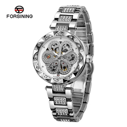 Forsining Skeleton Watch for Women Fashion Classics Diamond Automatic Mechanical Watches Luminous Hands Stainless Steel Strap