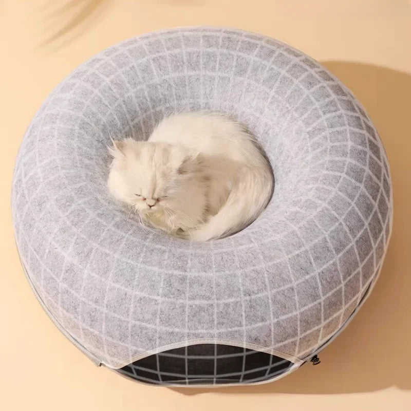 Cat Tunnel Bed for Indoor Cats Scratch Resistant Donut Cat Bed Cave Indoor Cat Hideout Detachable Round Felt & Washable