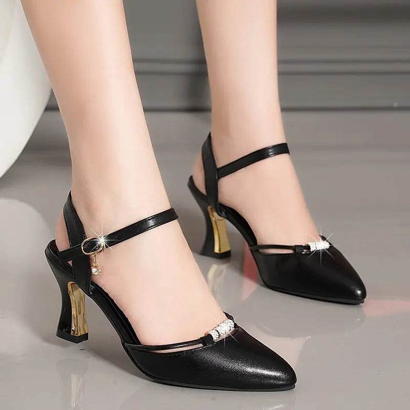 2022 Baotou Comfortable Sandals Summer One Word Buckle Thick Heels High Heels All-match Soft Leather High-heeled Shoes - Imbasat