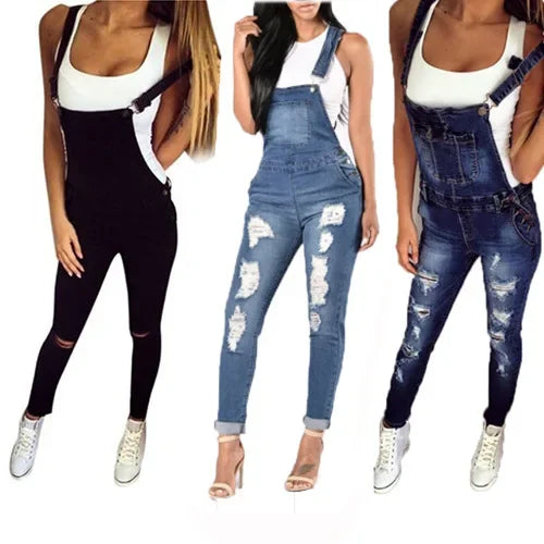 Denim Overalls Jeans Ankle Length Pencil Pants Pockets Holes Solid High Waist