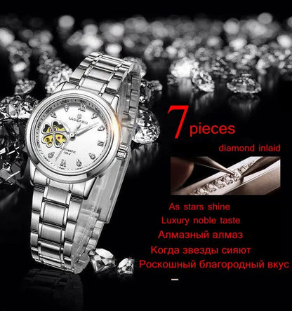 Women Automatic Mechanical Watches Diamond Four-leaf Clover WristWatches Ladies Rose Leather Watch Waterproof Senhoras Assistir