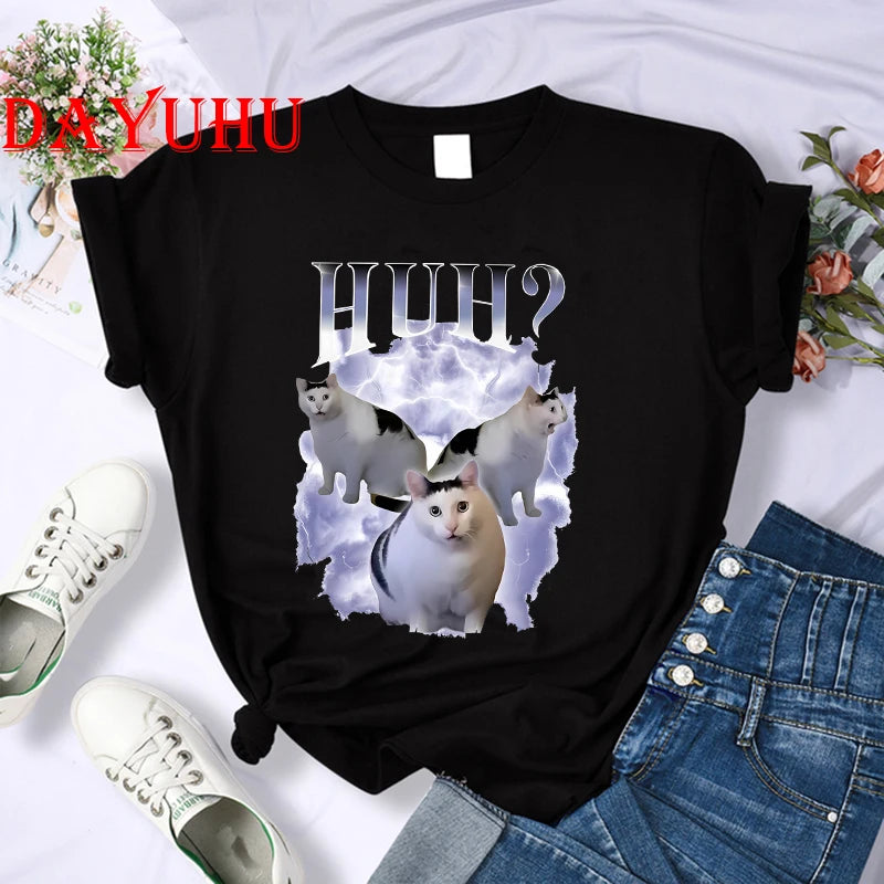 Cat Saying Huh? Meme T-shirt  Breathable Short Sleeve