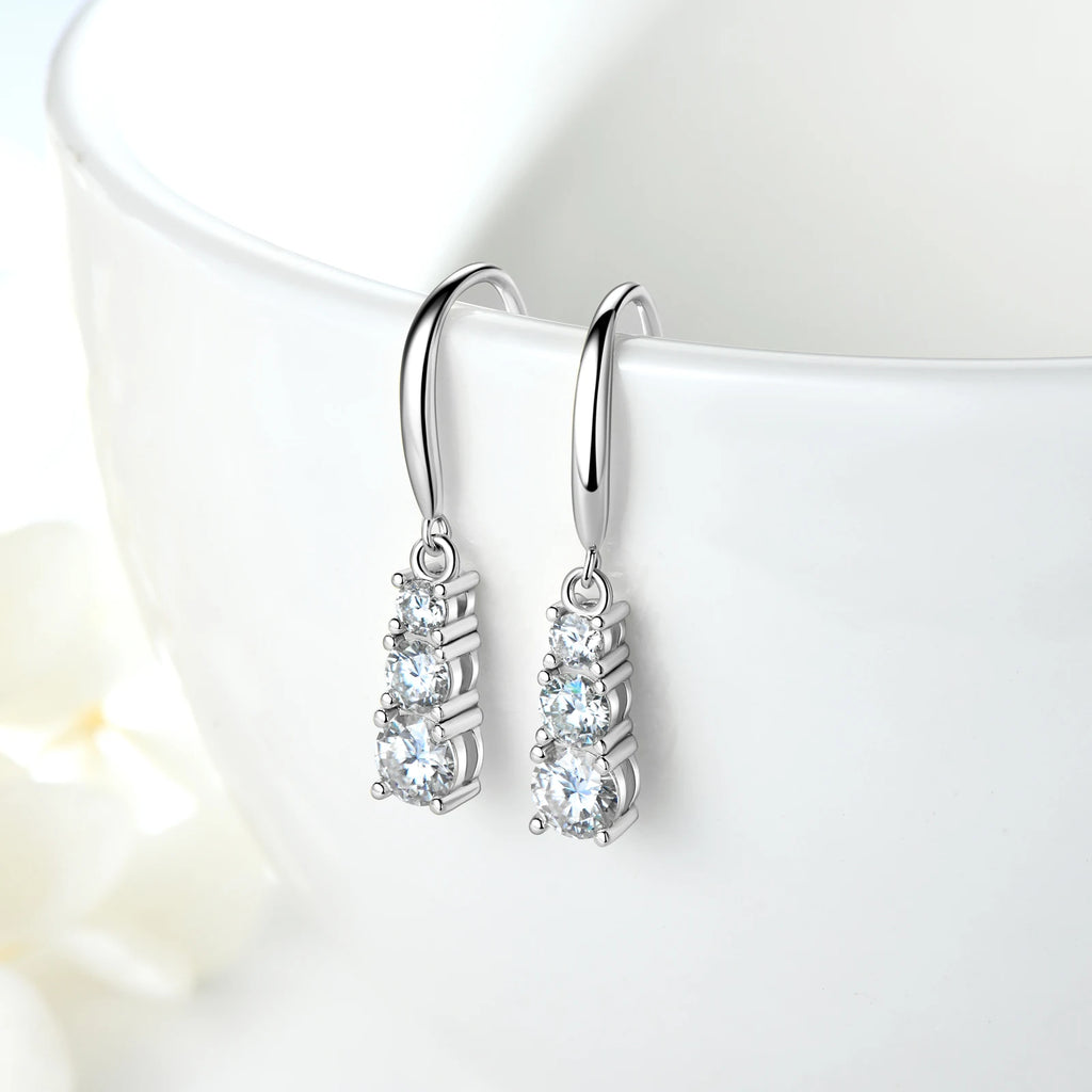 Anziw 925 Silver Three Stone Hook Earrings 1.8CTW. Moissanite Earrings