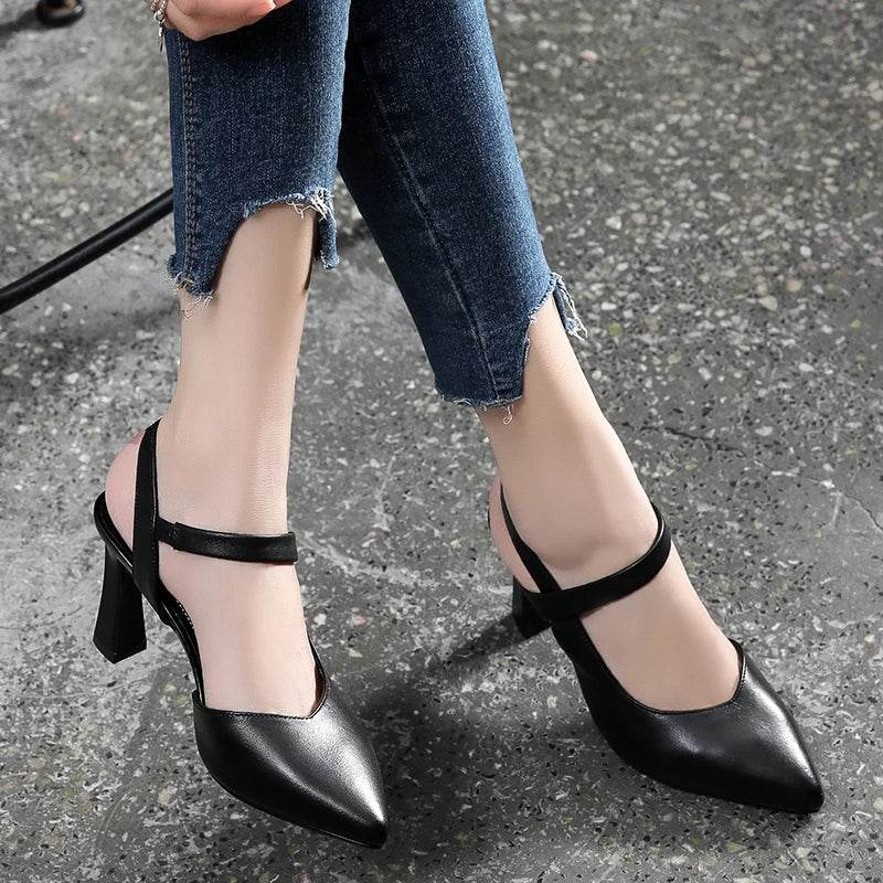 Soft Leather Solid Color Sandals Women 2022 Summer New Style Thick Heels with Baotou Fashion High-heeled Women's Shoes - Imbasat