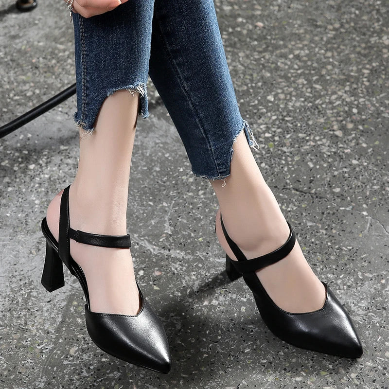 Soft Leather Solid Color Sandals Women 2022 Summer New Style Thick Heels with Baotou Fashion High-heeled Women's Shoes