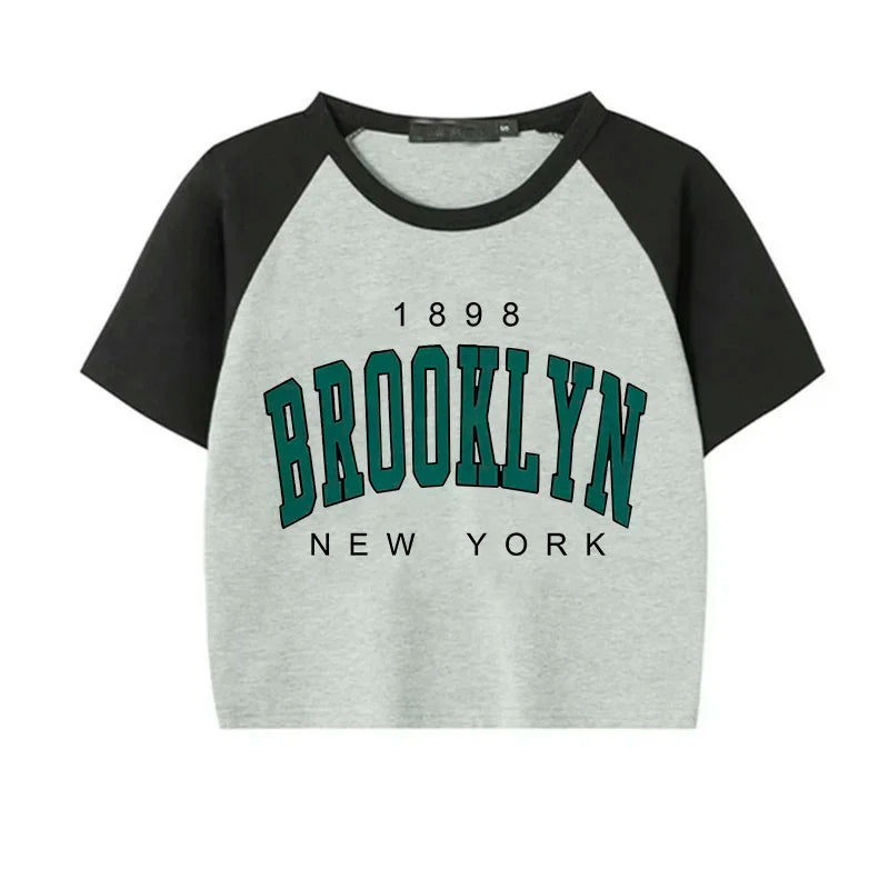 Brooklyn 1898 Letter Print Crop Graphic T-shirt Korean Style
