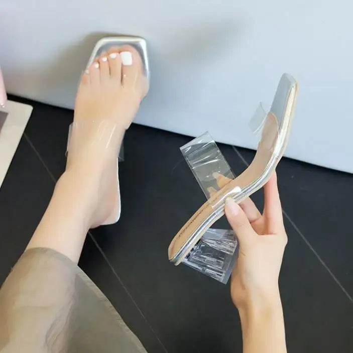 Fashion Women Pumps Slippers Ladies Square Toe Open Toe Slipper Female Slides Summer Shoes High Heels Sandals Zapato Mujer - Imbasat