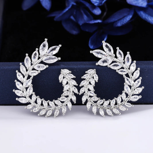 Creative Personality Leaf Rhinestone Earrings Geometric Big Round Earrings Ladies Ladies Jewelry 925 Sterling Silver Earrings