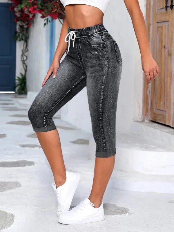 Women Jeans Elastic Waist Drawstring High Waist Ripped Jeans