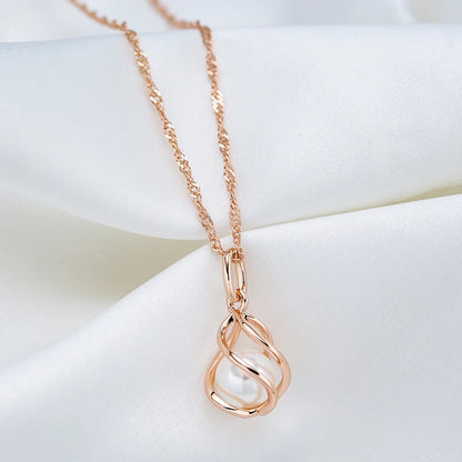 Kinel Luxury 585 Rose Gold Pendant Necklace for Women Unique Geometric Hollow Pearl Bridal Wedding Jewelry Daily Wear Gift