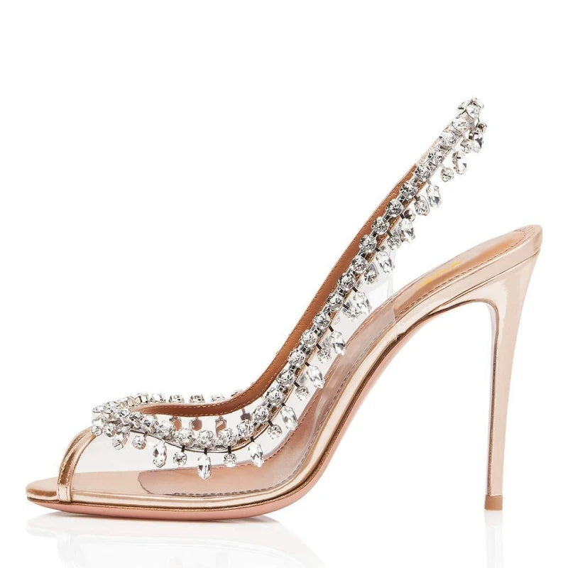 High-heeled Sandals Fish Mouth Transparent with Rhinestone Chain Stiletto Heels