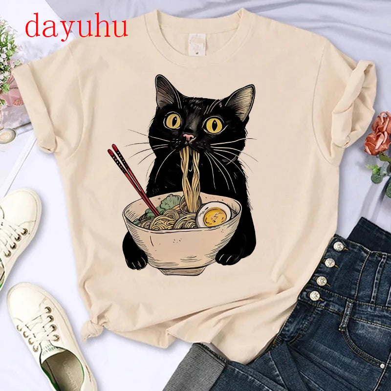 Black Cat Noodle T-Shirts Retro Casual Short sleeve