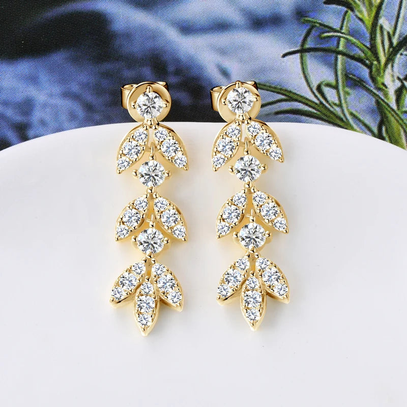 ANZIW Real Moissanite Earrings Leaf Chandelier Drop Dangle Long Earrings 925 Silver Piercing