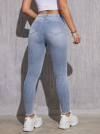 Skinny Stretch Lady High Waist Hole Denim Pants Fashion Solid Color Sexy Pencil Trousers