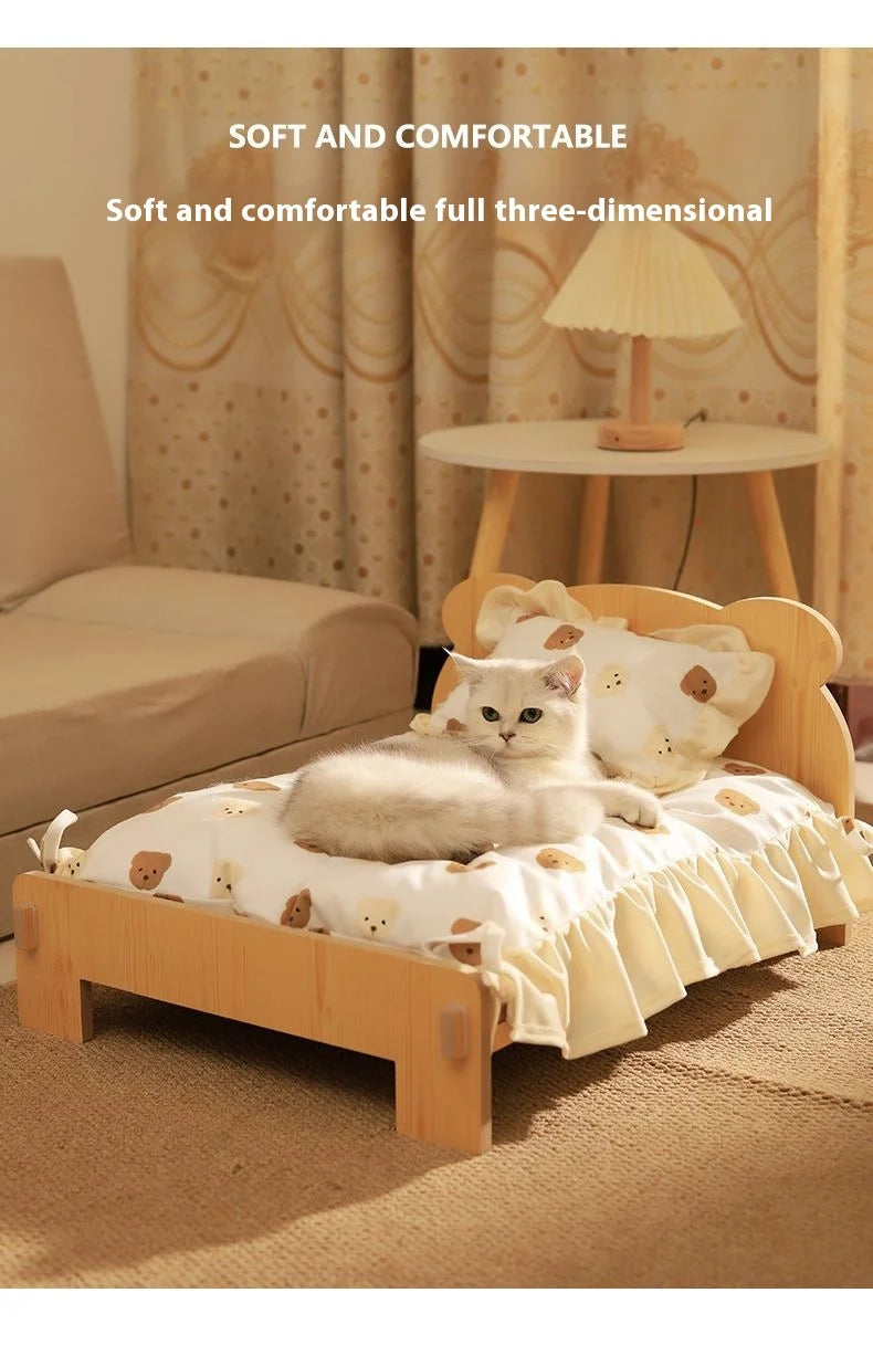 Solid Wood Cat Bed Summer Puppy Bed Removable Mat Washable All Season Universal Cat Nest