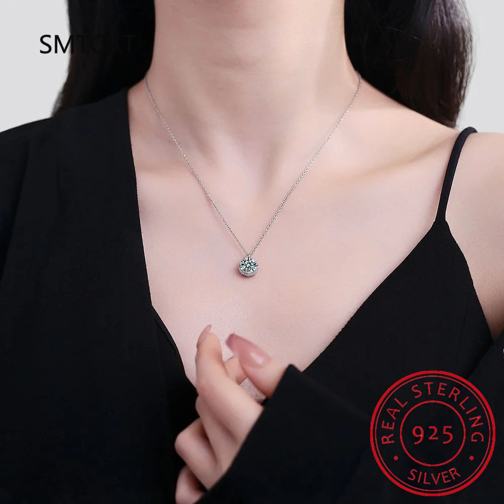 Luxury Certified Moissanite Diamond Classic Round Pendant Necklace for Women Real 925 Sterling Silver Chain Wedding Jewelry