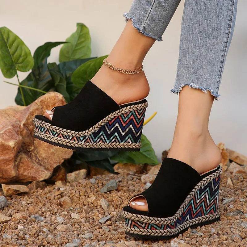2024 Summer New European and American Fashion Simple Ethnic Style Slope Heel Sandals with One Button High Heel Women's Shoes - Imbasat