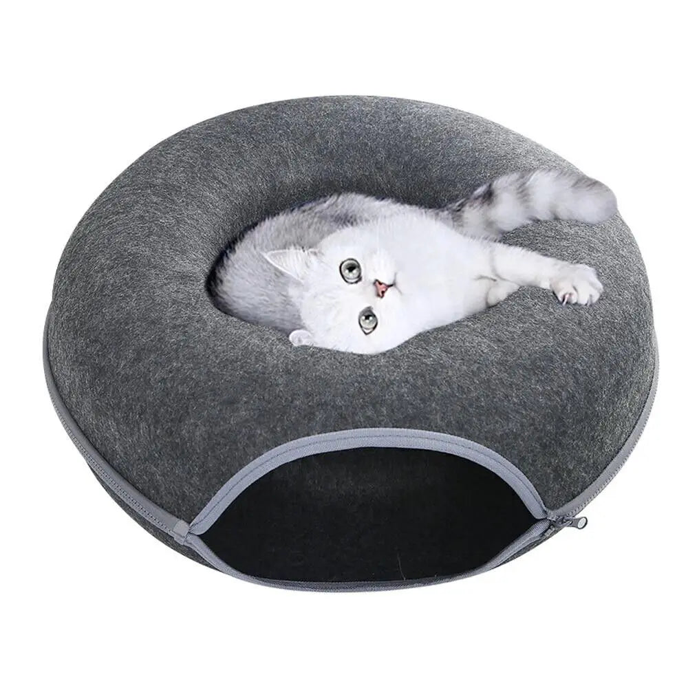 Cats Tunnel Bed Natural Felt Pet Cat Cave Nest Round House Donut Interactive Toy