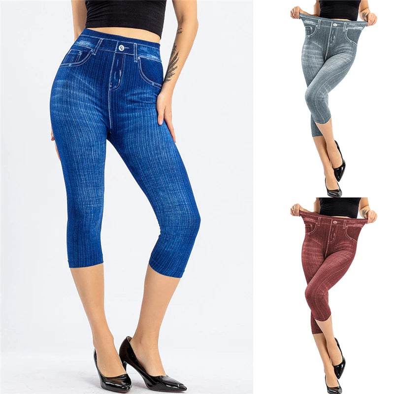 High Waist Skinny Jeans Knee Length Denim Capri Pants