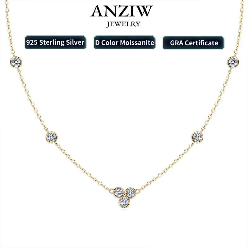 Anziw 3mm Bezel D Moissanite Pendant Necklace for Women 925 Sterling Silver Plated Gold Adjustable Chain 2025 Gift Valentine Day