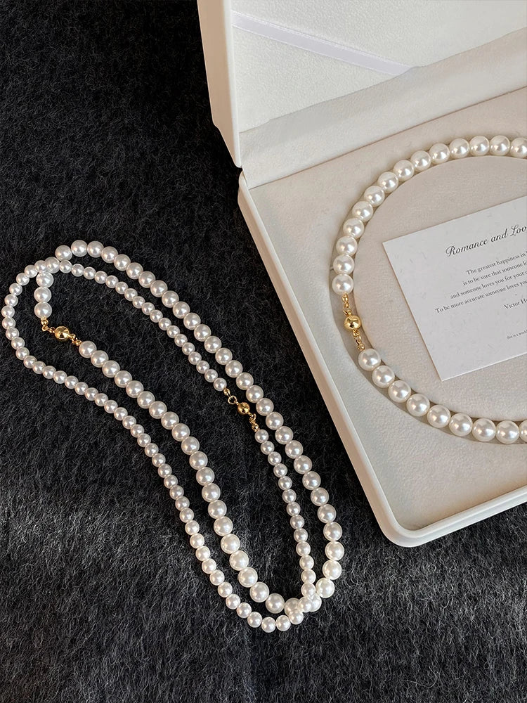 Girl’s Imitation White Pearl Magnetic Round Buckle Beadeds Chain Necklace 2024 New Collarbone Chain Elegant Jewelry for Women