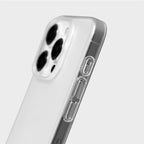Clear phone case with camera and front-facing camera cutouts on a light gray background