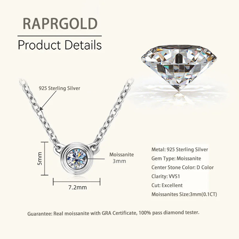 RAPRGOLD 3mm Moissanite Diamond Round Pendant Necklaces for Women 925 Sterling Silver Chains Wedding Fine Jewelry Gift Collares