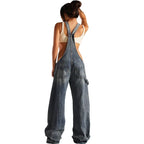 Jumpsuits Jeans Overalls  Backless Vintage Full Length Denim Straight Pants Loose Pockets