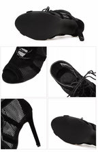 Black Net Fabric Cross Strap High Heel Lace-up Peep Toe