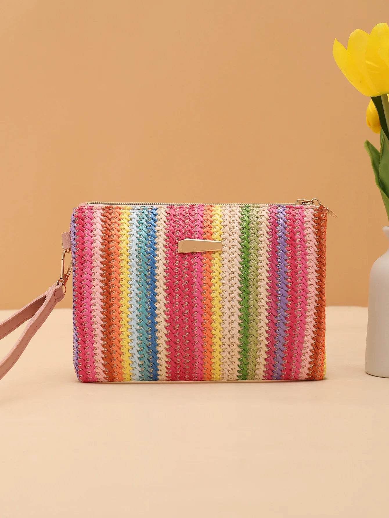 Rattan Knitting Women Straw Bags Fashion Colorful Summer Beach Clutch Bag Female Woven Wristlet Bag Wallet Money Coin Purse