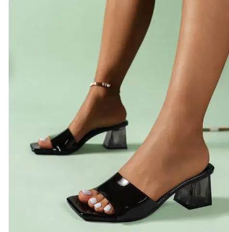 Fashion Women Pumps Slippers Ladies Square Toe Open Toe Slipper Female Slides Summer Shoes High Heels Sandals Zapato Mujer - Imbasat