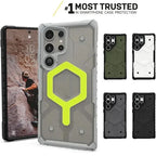 A collection of Samsung Galaxy phone cases by UAG, featuring colors such as black, green, gray, and white, with a visible magnetic attachment system and shockproof design.
