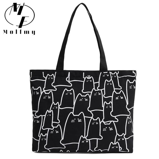 Canvas Handbag For Women 2023 Fashion Cute Cat Tote Messenger Bags With Zipper Designer Bag Ladies Cartoon Shoulder Shopper Bags