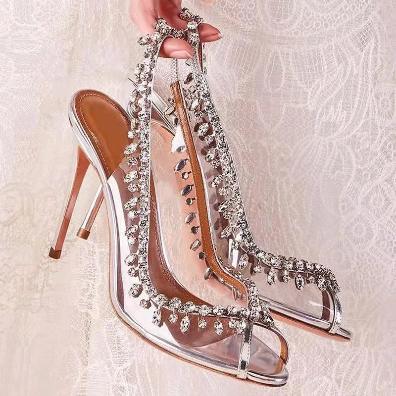 High-heeled Sandals Fish Mouth Transparent with Rhinestone Chain Stiletto Heels