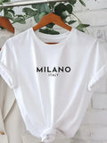Milano Letter Print T-shirt Casual Crew Neck Short Sleeve Top