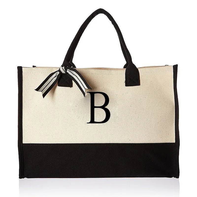 A-Z Canvas Totes bag Fashion Canvas Tote Letters Flower Portable Beach Shoulder Shopping Casual Beach Bag Large Capacity Handbag - Imbasat