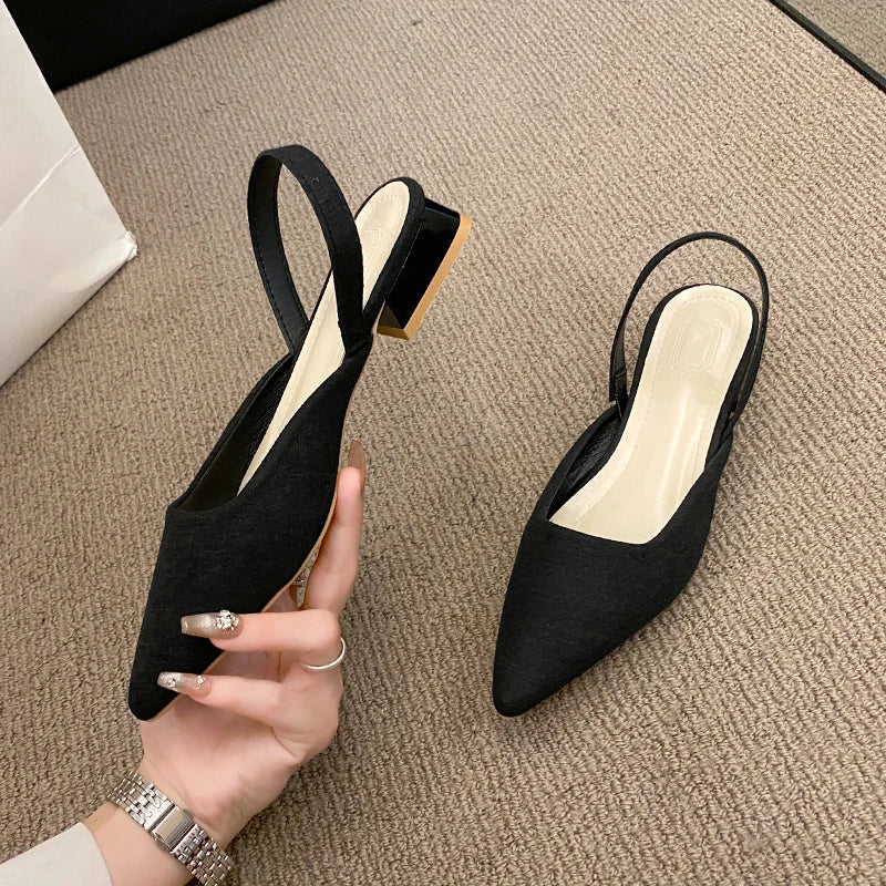 Summer Women New Sexy Retro Solid Color Heels PU Leather Shoes Outdoor Banquet Party Pointed Shoes Fashion Sandals Plus Size 42