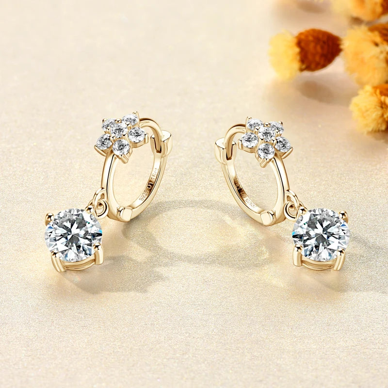 Anziw 18k Gold Plated 925 Silver Flower 6.5MM 1CT Moissanite Drop Hoop Earrings