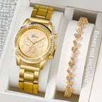 Gold Color Quartz Watch & Diamond Bracelet