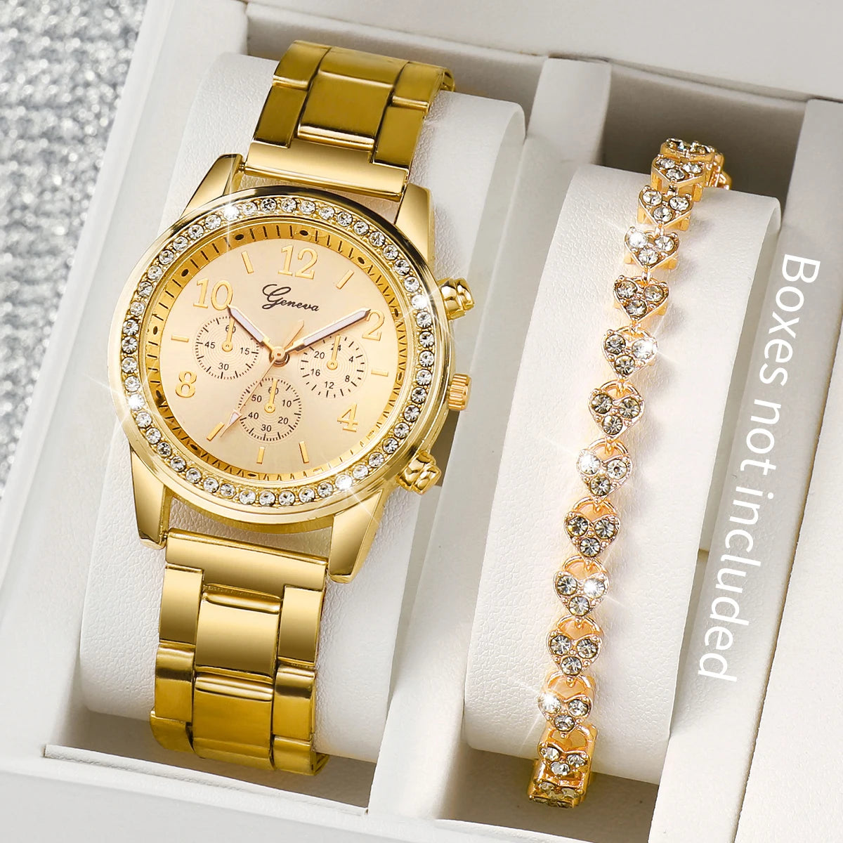 Gold Color Quartz Watch & Diamond Bracelet