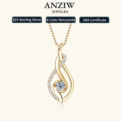 Anziw 925 Sterling Silver 4mm Round Moissanite Twist Pendant Necklace Gold Plated Sparking Diamond Party Jewelry for Women Gifts