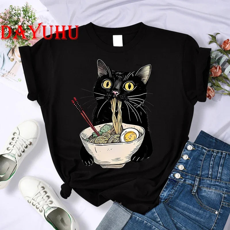 Black Cat Noodle T-Shirts Retro Casual Short sleeve